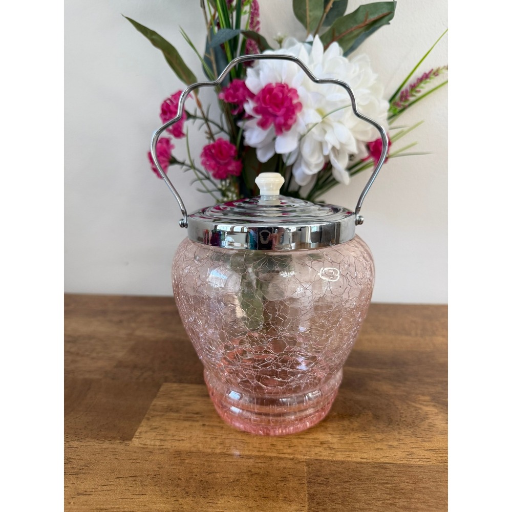Antique Pink Crackle Glass Biscuit Barrel Chrome Lid Handle Art Deco Jar